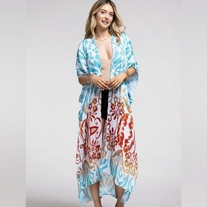 Boutique NWT Gypsy Boho Duster Blue Damask Kimono S - 3X OS